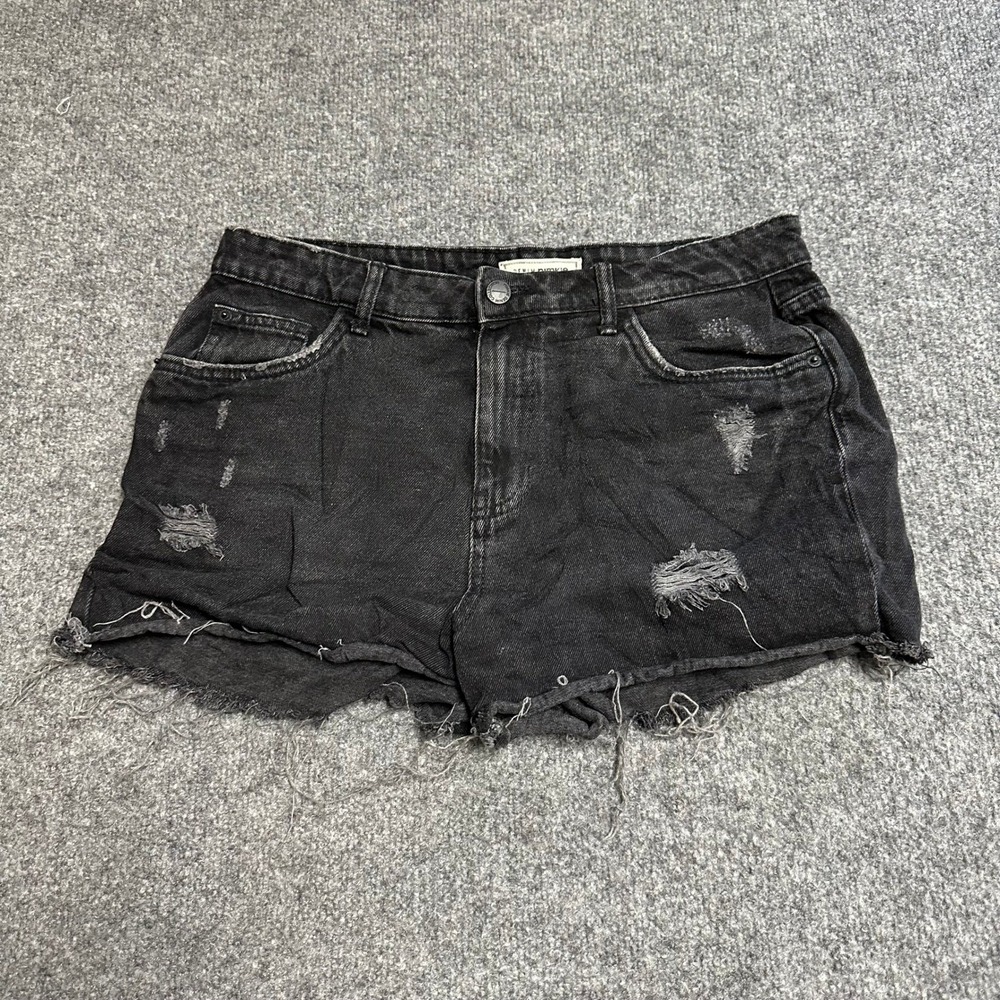 Pimkie Denim Shorts Womens Size 38 Black Distressed Frayed Hem High Waisted Jean